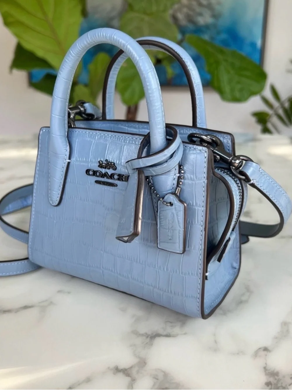 Coach Andrea Mini Carryall Crocodile Embossed Cornflower Blue Crossbody CR209